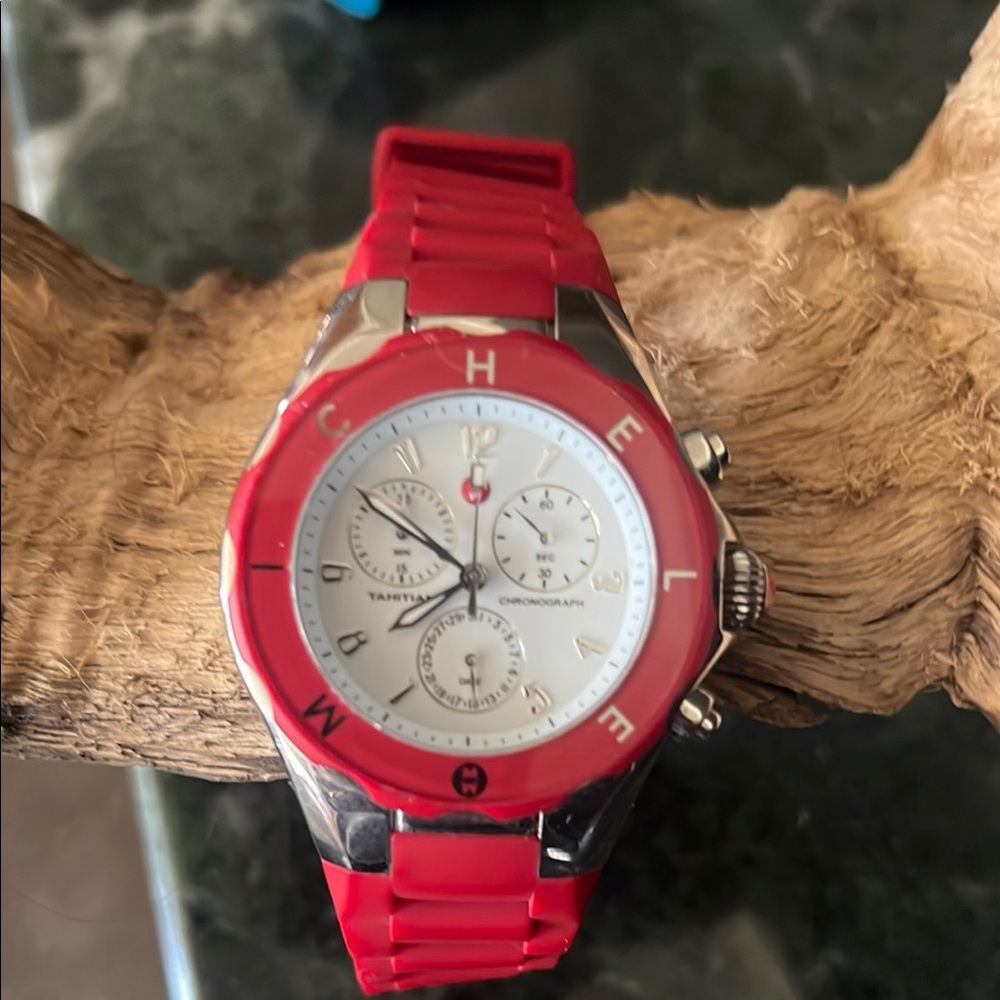 Michele Red and Silver Sports Chronograph Watch